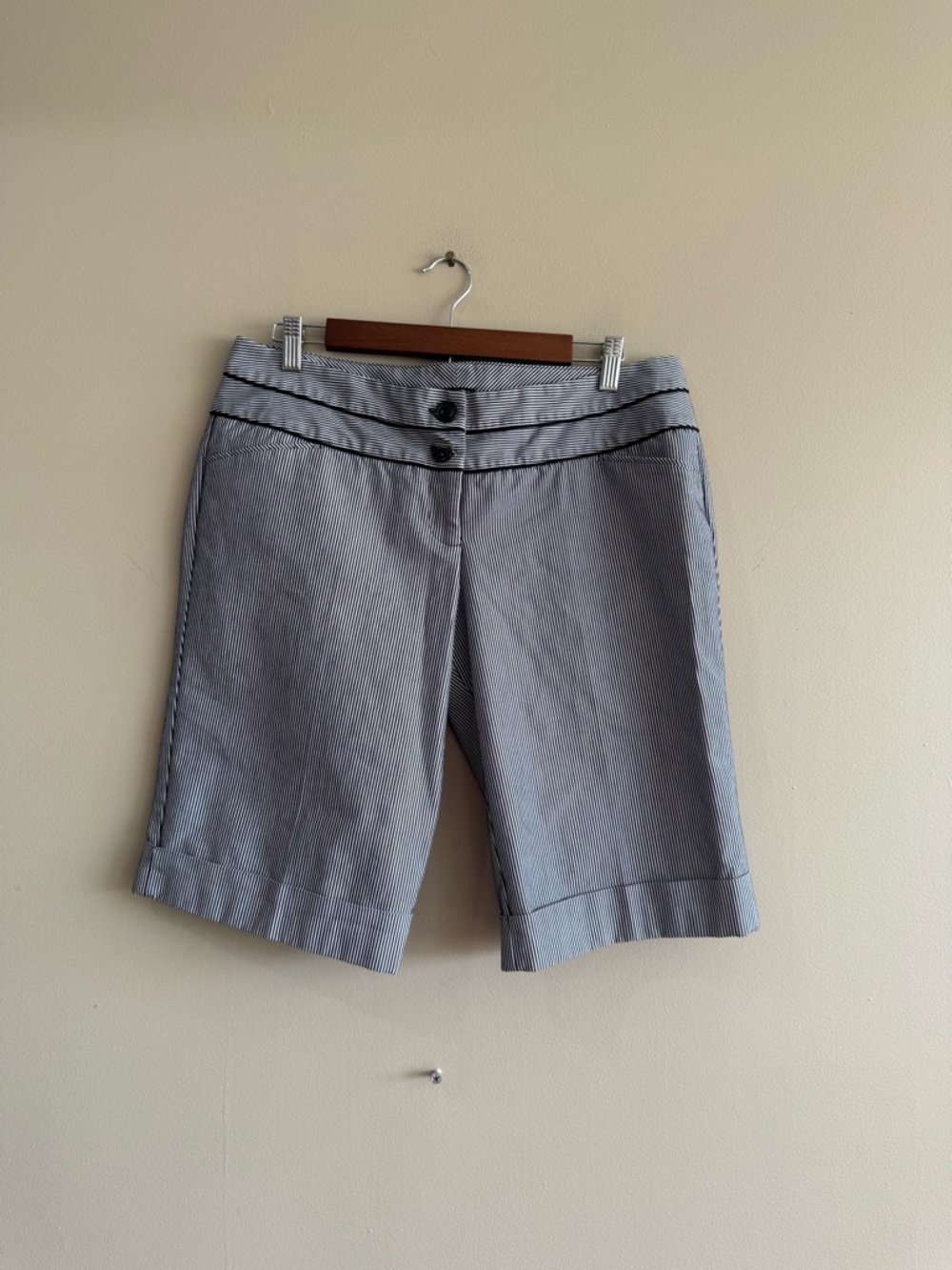 Maurices Gray Pinstripe Bermuda Shorts with Black Trim